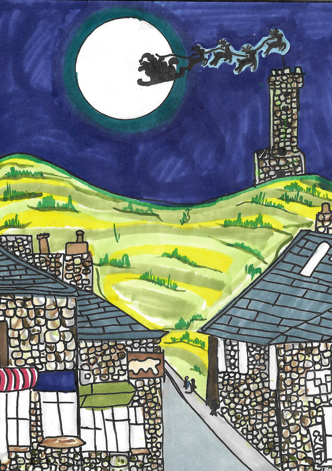 The winner of James Daly's Christmas Card Competition. The image depicts a whimsical night scene in a rustic -Ramsbottom - village. A full moon dominates the night sky, casting a silvery glow over the landscape. Against the moon, the silhouette of Father Christmas and his reindeer. Below, there is Peel tower on a hilltop, part of the rural setting. The foreground shows the roofs and chimneys of stone cottages with a clear attention to the textures of the building materials. Two small figures appear to be walking along a village road, hinting at life in this quaint setting. The scene is reminiscent of classic storybook illustrations, evoking a sense of magic and folklore.