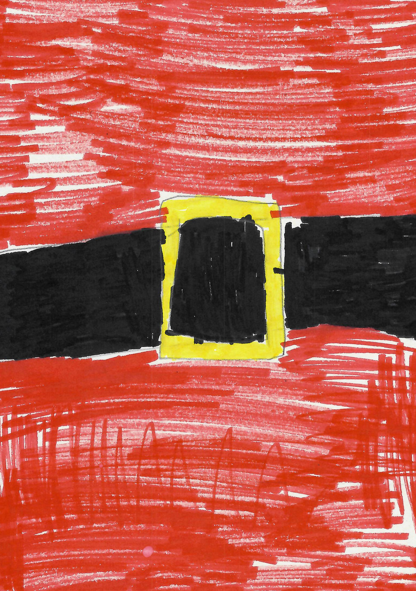  The image presents a playful and straightforward representation of Santa Claus's iconic red coat as perceived through a child's artwork. The drawing is dominated by a vibrant red background created with horizontal strokes, imitating the texture of fabric. Across the center of the composition is a broad black horizontal band, depicting Santa's belt. At the center of the belt is a bright yellow square with a smaller black square inside it, representing the buckle. The drawing captures the essence of Santa's traditional outfit with its bold, simple shapes and festive colors, evoking the cheerful spirit of the holiday season.