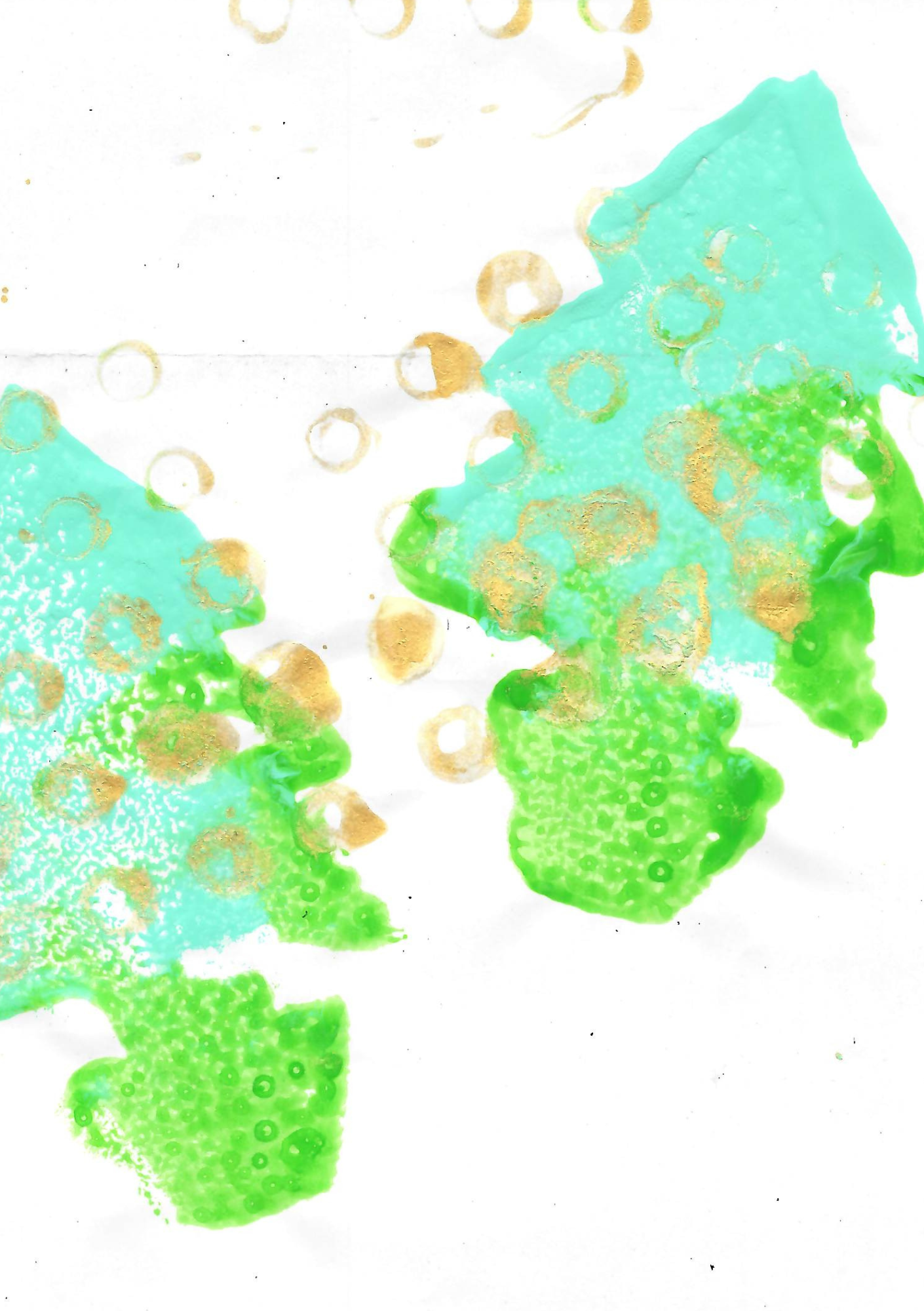  The image is an endearing and creative artwork by a two-year-old, representing Christmas trees. The trees are abstractly portrayed with bright green paint, their outlines suggesting the triangular shape of traditional Christmas trees, possibly created with stamping techniques. Within the green areas, there are textured patterns that add a tactile dimension to the trees. Gold paint is used to stamp circular shapes amidst the green, reminiscent of festive baubles decorating the trees. The artwork, with its free-form approach and lively use of color, captures the essence of a child's perspective on the classic holiday symbol, conveying both innocence and festivity.