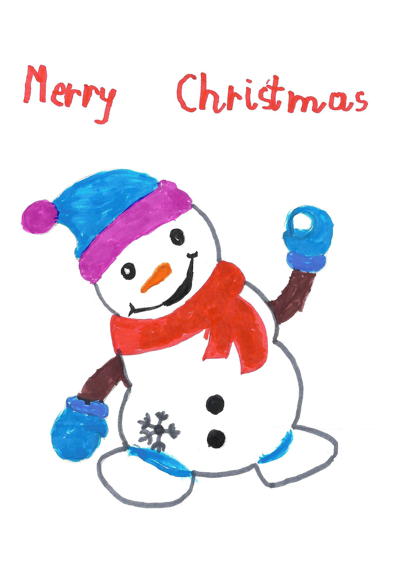  The image shows a cheerful, hand-drawn snowman against a white background. The snowman is depicted with a jovial expression, featuring a wide smile, a carrot nose, and two eyes made of small black dots. It wears a bright blue hat with a purple band and a pink pompom on top, and a red scarf is wrapped around its neck. One of the snowman's brown branches for arms is raised, holding a blue mitten, while the other arm is adorned with a mitten of the same color. A small snowflake design is visible on the snowman's body. Above the snowman, the words "Merry Christmas" are written in a childlike red script, adding to the festive and joyful theme of the drawing.