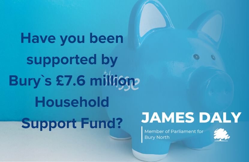 A picture of a blue piggy bank - the text reads "Have you been supported by Bury`s £7.6 million household support fund?"
