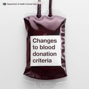 A blood bag with "Changes to blood dontation criteria" written on it